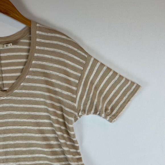 Faherty Womens Tan White Stripe 100% Oceanside Linen V-Neck Short Sleeve Tee XS - Picture 8 of 11